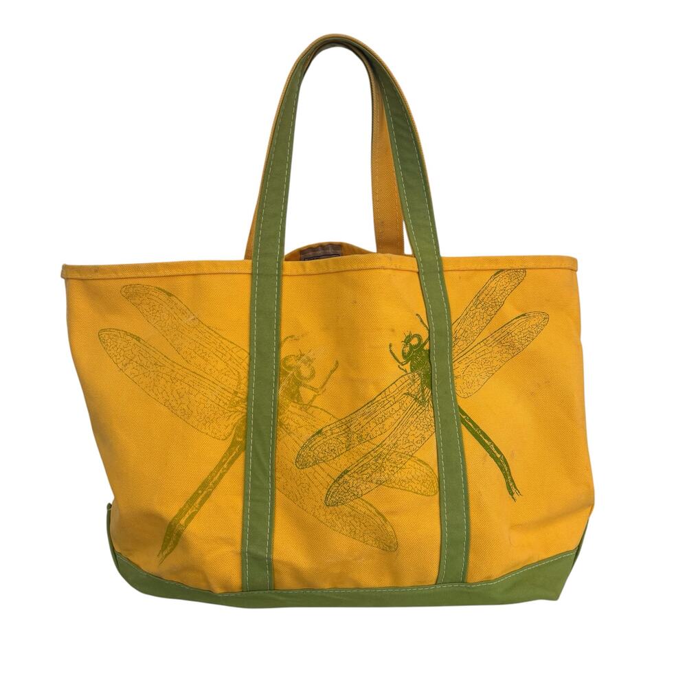Vintage Y2K L.L.Bean Boat & Tote Rare Bright Yellow w/ Green Dragonfly Large